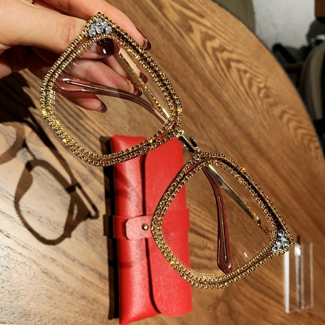 Christina Oversized Rhinestone Glasses Frame Rectangle Frames MON Gold 